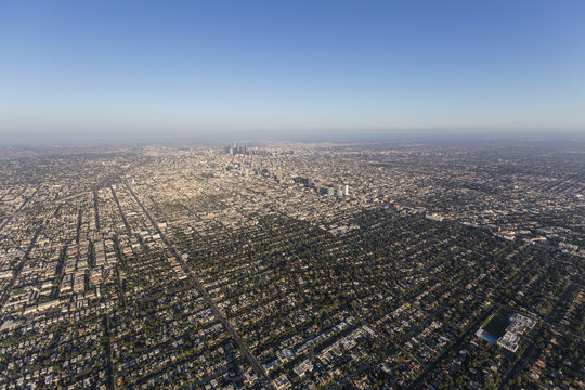 Aerial view of Hancock Park, Koreatown and downtown Los Angeles in Southern California.