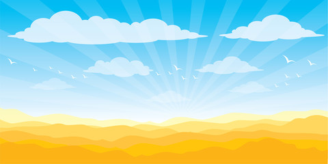 Fototapeta na wymiar Desert sun, sky, birds, hot air. Sand in nature illustration