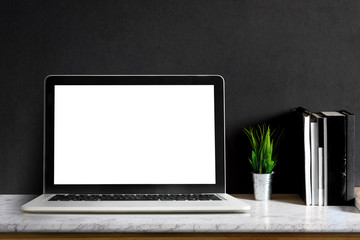  Workspace with laptop computer, Books, flower plant at home or studio. Mock up desk space.