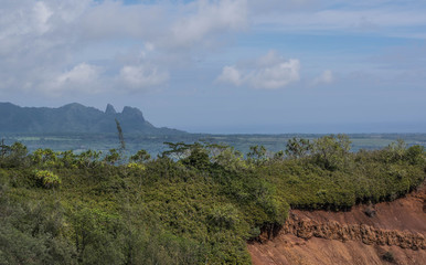 View of the side of a cliff with lush shrubs and red dirt, with Kong Mountain in the background, on the Nounou trail, towards Sleeping Giant, on Kauai - 169766880