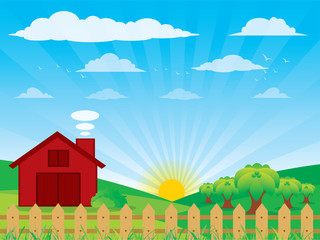 Landscape with farm and fence,Farm flat landscape. Clouds, birds, sky , Vector illustration © kaittisak