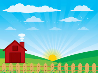 Landscape with farm and fence,Farm flat landscape. Clouds, birds, sky , Vector illustration