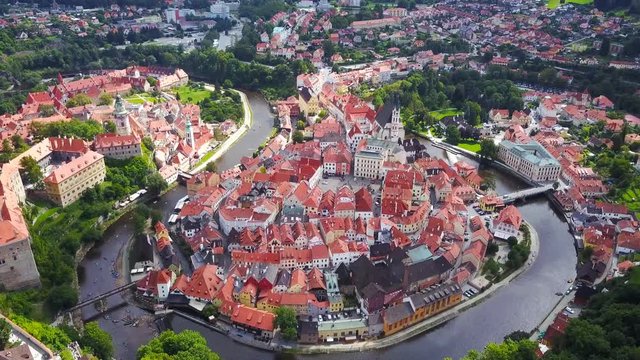 Cesky Krumlov - Aerial view of the small city in the South Bohemian Region of the Czech Republic. Old Cesk&yacute; Krumlov is a UNESCO World Heritage Site.