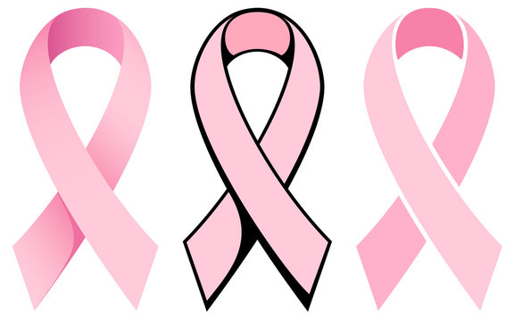 Vector illustration of pink breast cancer awareness ribbons in three different styles.