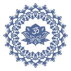Om symbol with hand drawn mandala and Lotus. Set of oriental ornaments for greeting card, invitation, yoga poster, coloring book.