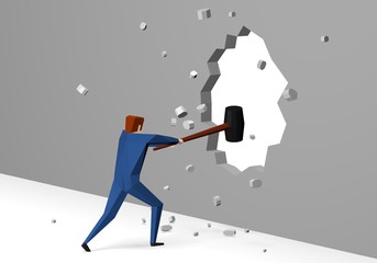Businessman breaking wall with hammer