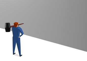 Businessman standing near wall with a hammer