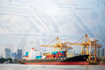 Logistics and transportation. Shipping port and container cargo ship loading by crane. Dollar cash...