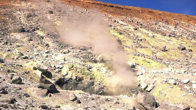Fumarole field in Ebeko volcano caldera. Emission of hot sulfur gas.
