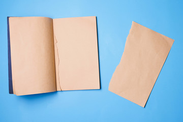 Fototapeta premium Blank notebook with a piece of note paper on blue background.