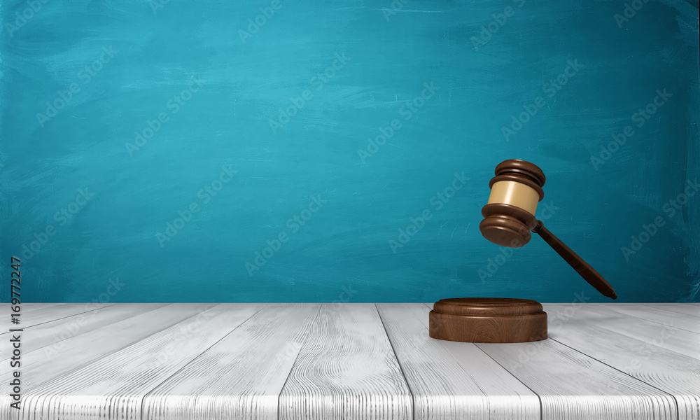 Poster 3d rendering of a brown wooden judge gavel and sound block lying on a wooden table against blue back