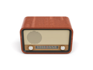 3d rendering of a brown rounded retro style radio receiver with an analogue tuner.