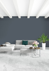 Modern loft interior bedroom or living room with eclectic wall with space. 3D rendering.