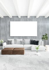 Vertical modern interior bedroom or living room with eclectic wall and empty frame for copyspace drawing. 3D rendering