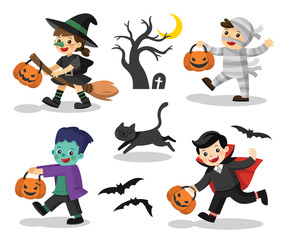 Set of Happy Halloween. Funny children in colorful costumes and a cat. zombie, mummy, witch, Dracula.