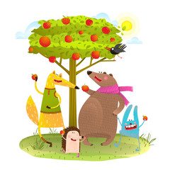 Naklejka premium Baby Animals Friends and Apple Tree.