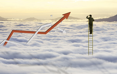 Fototapeta premium Businessman climb ladder to reach sky and cloud with increasing graph and broken fail graph