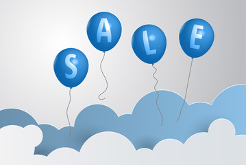 Obraz na płótnie Canvas Paper art of Sale tag hanging on sky, shopping and business promotion concept. Paper cut of sale banner. Sale and discount. Sale paper with balloon air