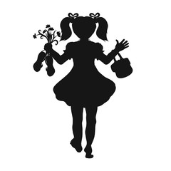 Silhouette of barefoot girl with bouquet of collected flowers