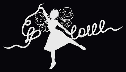 Silhouette of a girl with wings, with ribbons - love and heart