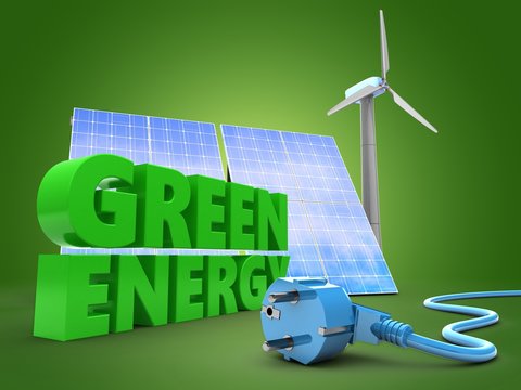 3d green sign with solar and wind energy