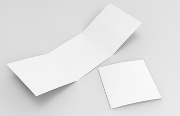 Blank white empty square tri fold catalogs brochure flyer, with clipping path, changeable background for mock up and template design. 3d render illustration.