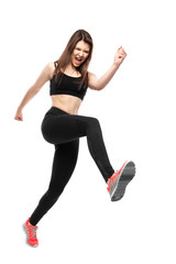 Sports woman in rage runs on white background