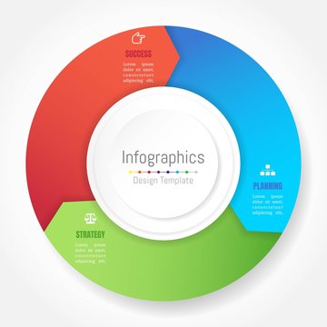 Infographic Design Elements For Your Business Data With 3 Options, Parts, Steps, Timelines Or Processes, Arrow Wheel Circle Style. Vector Illustration.