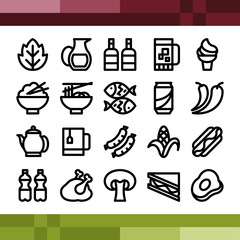 Set of food and drink icons in outline style, background element.