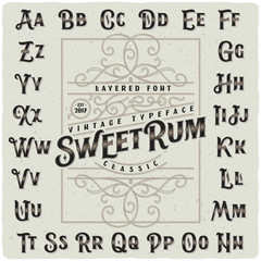 Classic vintage decorative font set named "Sweet Rum" with label design template