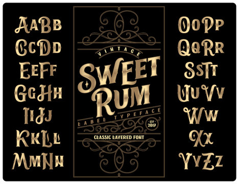 Classic vintage decorative font set named "Sweet Rum" with label design template