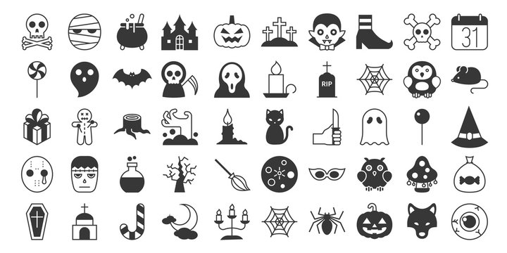 Big set of Halloween silhouette icon, include monster such as angle of death, Dracula, mask of murderer, bat and cute ghost, abandoned house, owl, candle, jack o lantern, black cat, candy, wolf, skull
