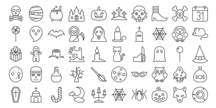 Big set of Halloween outline icon, include monster such as angle of death, Dracula, mask of murderer, bat and cute ghost, abandoned house, owl, candle, black cat, candy, wolf, skull
