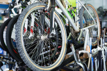 Fototapeta na wymiar Tire on bike wheel selling in the sports shop