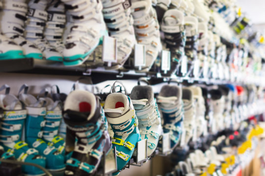Boots for active skiing selling in sport shop
