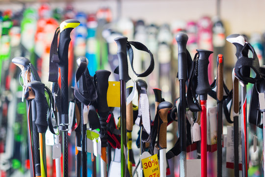 ski-sticks on showcase of store