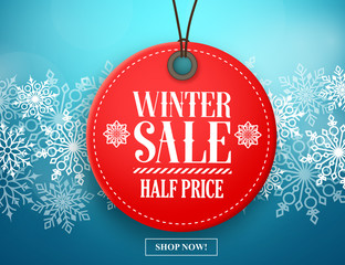 Winter sale tag vector banner. Red sale tag hanging in white winter snow flakes background for seasonal retail promotion. Vector illustration.
