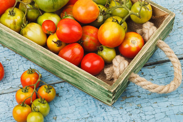 Set of different sorts of ripe tomatoes in the wooden tray