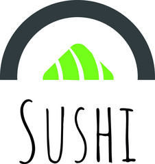 Vector Icon Style Illustration Logo of Asian Street Fast Food Bar or Shop, Sushi, Maki, Onigiri Salmon Roll with Chopsticks, Isolated Minimalistic Object. Sushi design element Isolated on white