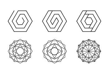 Universal geometric symbols. Vector emblems, logos, icons, shapes, mandalas.