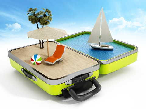 Holiday island inside half open travel suitcase. 3D illustration