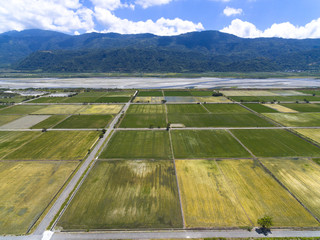 Aerial view of the countryside with village and rice farms