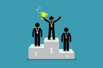 Champion standing on a podium with first and second runner up. Vector artwork depicts champion, winner, triumph, and greatest.