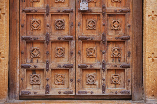 Jaisalmer, India. Heavy wooden old castle gates