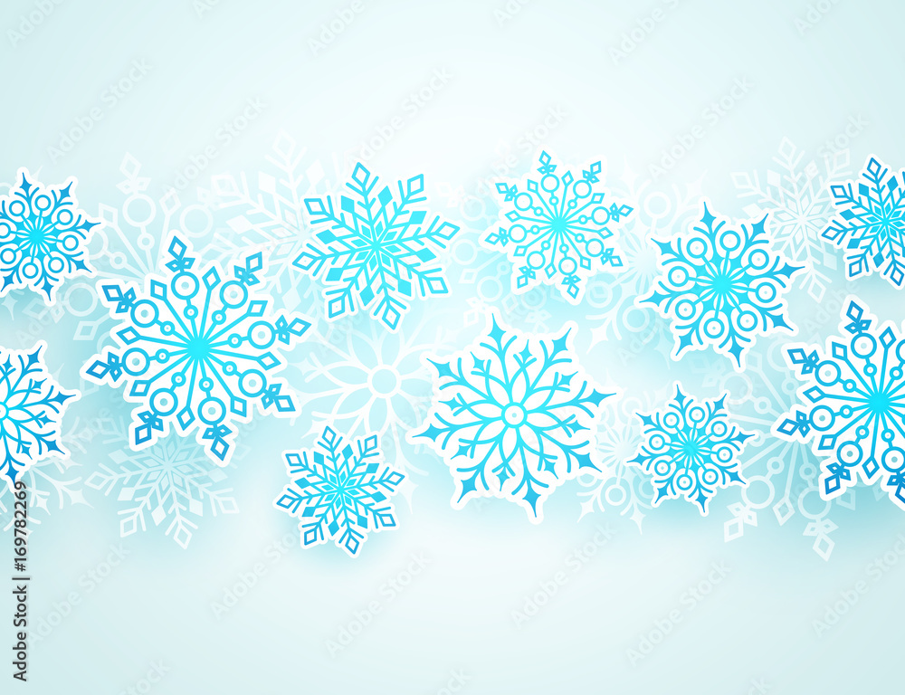 Poster winter vector background with falling snowflakes of different shapes in white background with empty 
