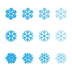 Snowflakes signs set. Blue Snowflake icons isolated on white background. Snow flake silhouettes. Symbol of snow, holiday, cold weather, frost. Winter design element Vector illustration