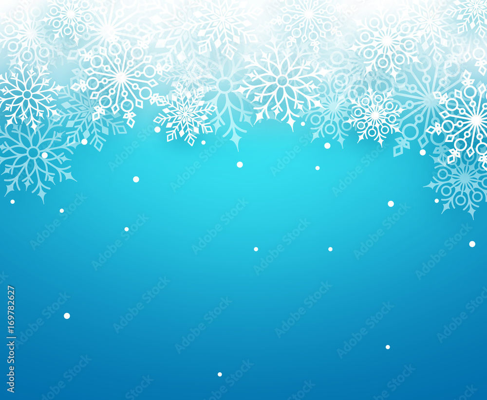 Poster winter snow vector background with white snowflakes elements falling and empty space for text in blu