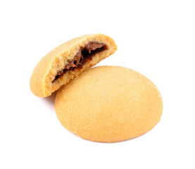 close-up view of cookies isolated on white background, Chocolate cookie, bite missing with crumbs from above.