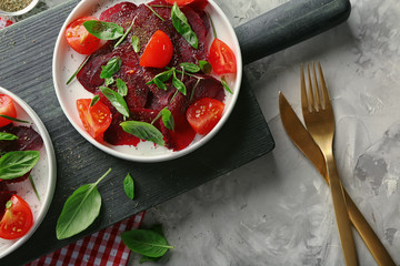 Composition with fresh beet salad on table