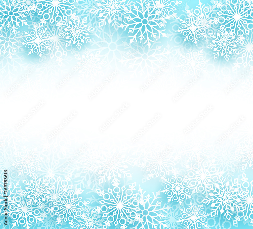 Poster snow winter vector background with different shapes of snowflakes elements and empty white space for